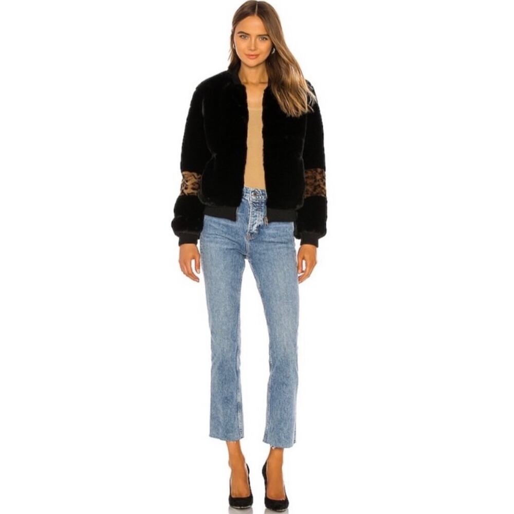 APPARIS Jem Faux Fur Bomber Jacket in Black & Plush Leopard Size EXTRA SMALL XS